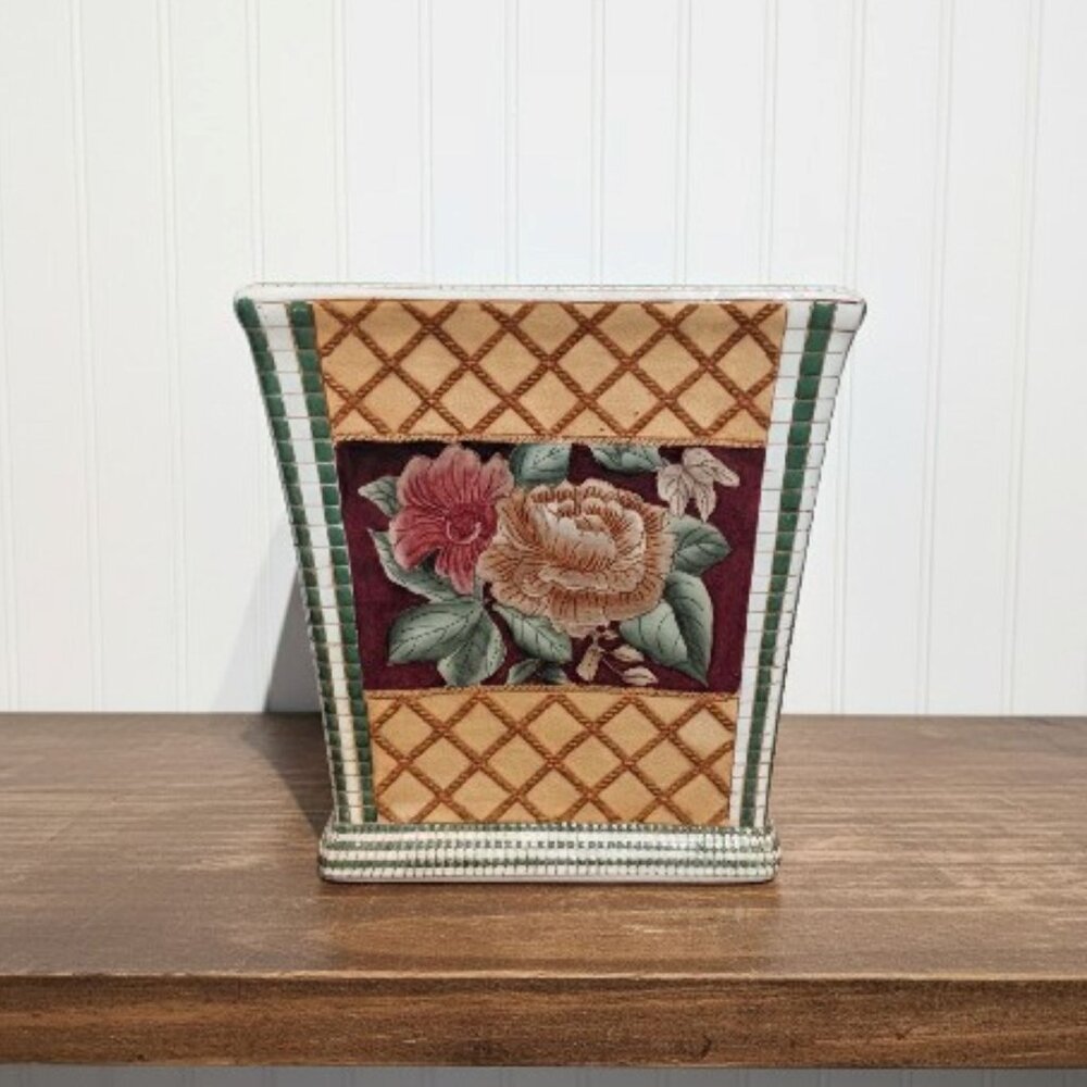 Vintage Oriental Accent 7" Square Porcelain Planter Hand Painted Floral Cachepot